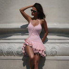 Ruffled Hem Sleeveless Mini Dress With V Neck Backless Irregular A Line Bodycon Streetwear Chic
