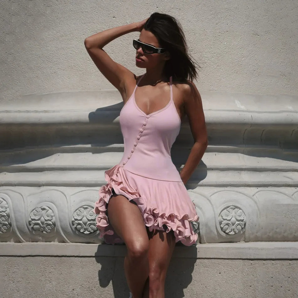 Ruffled Hem Sleeveless Mini Dress With V Neck Backless Irregular A Line Bodycon Streetwear Chic