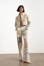Women's Off White Wide Leg Jeans American Retro Loose Fit Printed Design Floor Length Denim Pants High Waist Trousers