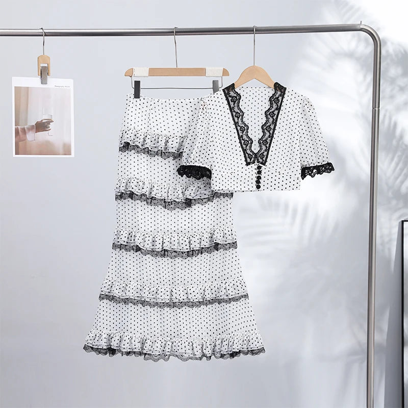 Polka Dot Chic Set With V Neck Crop Top And Ruffle Skirt