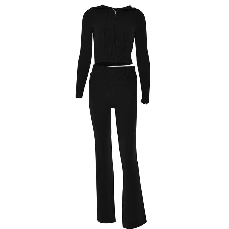 Ribbed Knit Two Piece Tracksuit Set With Hooded Crop Top And Elastic Zippered Pants