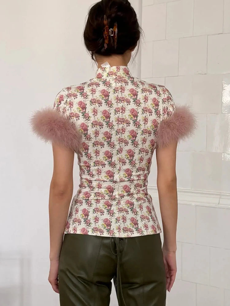 Patchwork Feather Sleeve Turtleneck Top Short Sleeve Tee