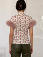 Patchwork Feather Sleeve Turtleneck Top Short Sleeve Tee