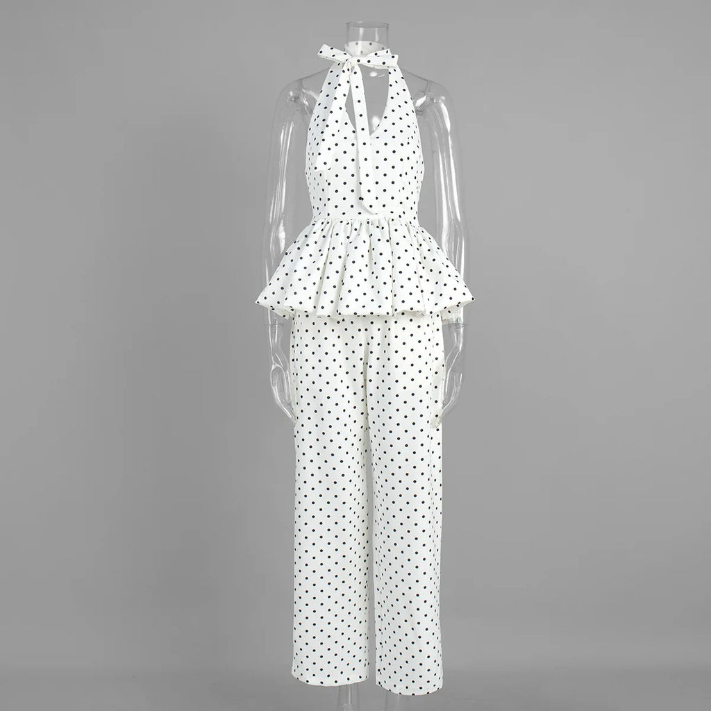 Dot Print Halter Top Set With Wide Leg Pants