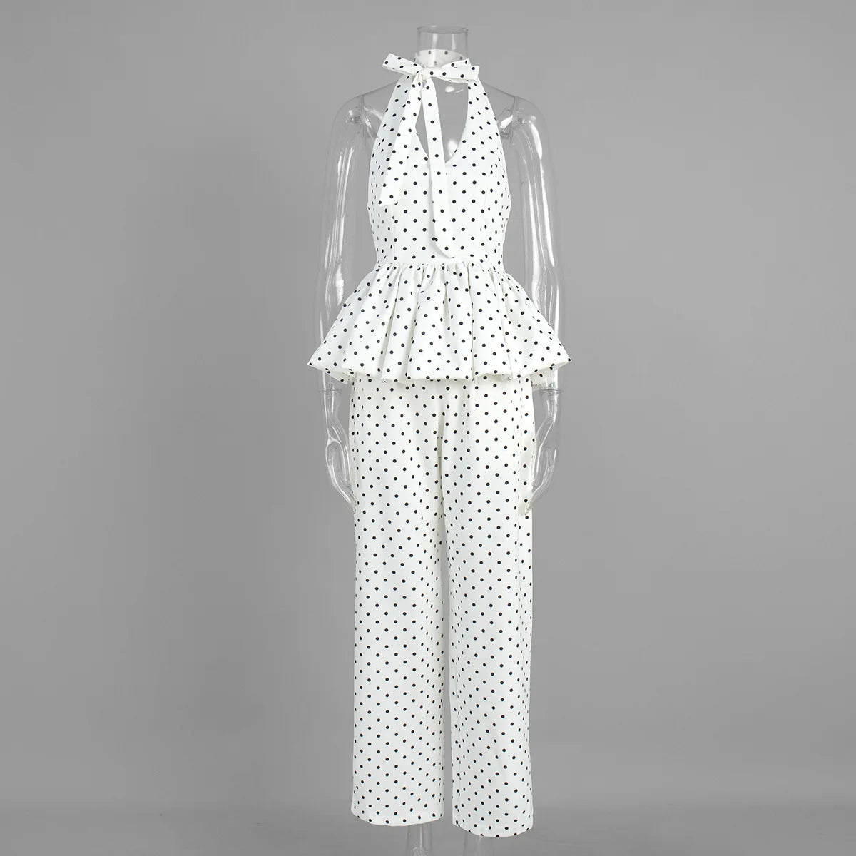 Dot Print Halter Top Set With Wide Leg Pants