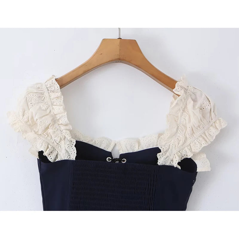 Women's Navy Blue Bustier Blouse With White Patchwork Lace-Up Front