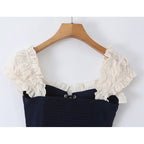 Women's Navy Blue Bustier Blouse With White Patchwork Lace-Up Front