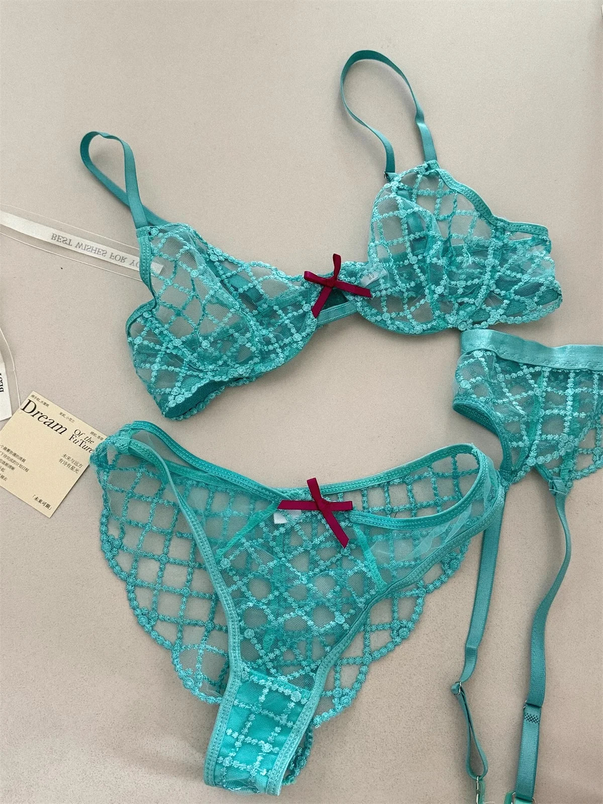Lace Ultra-Thin Push-Up Bra Panty and Garter Set in Blue Transparent Lattice