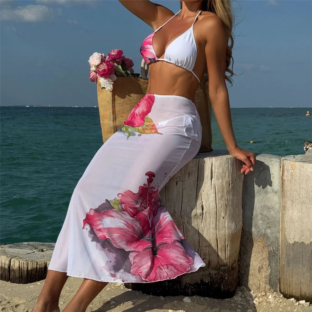 Flowers Printed With Skirt Halter Bikini Three-pieces Bikini set