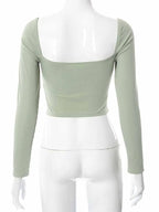 Hollow Out V Neck Ribbed Backless Crop Top With Long Sleeves And Square Collar