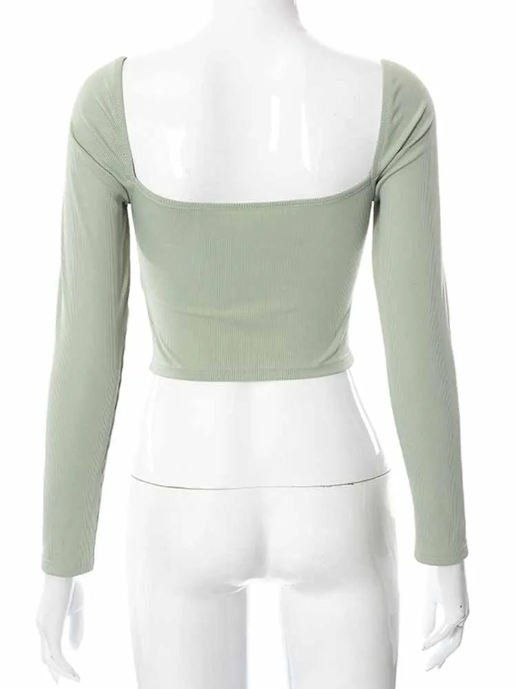 Hollow Out V Neck Ribbed Backless Crop Top With Long Sleeves And Square Collar