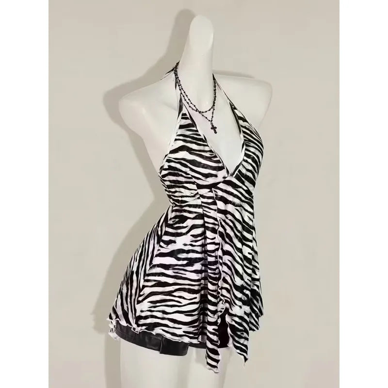 Zebra Print V Neck Backless Halter Top