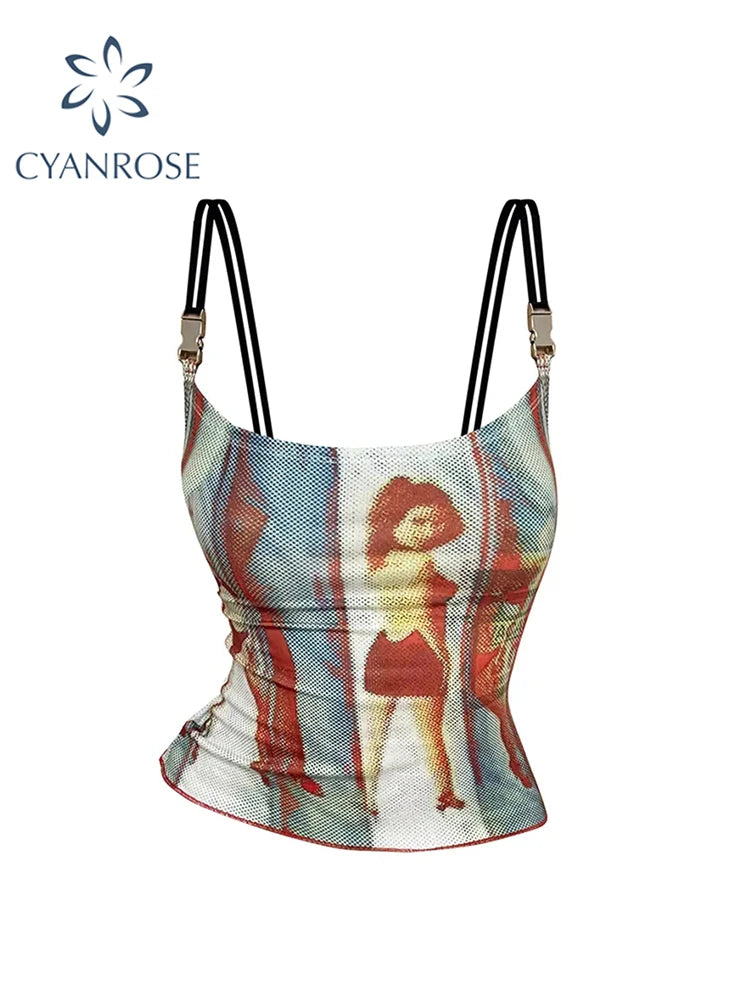 Flirty Vintage Graphic Spaghetti Strap Cami Top With Off Shoulder Flair