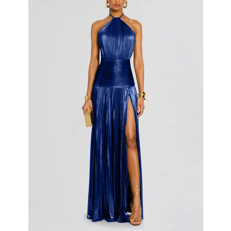 Off Shoulder Corset Halter Evening Gown With Slit