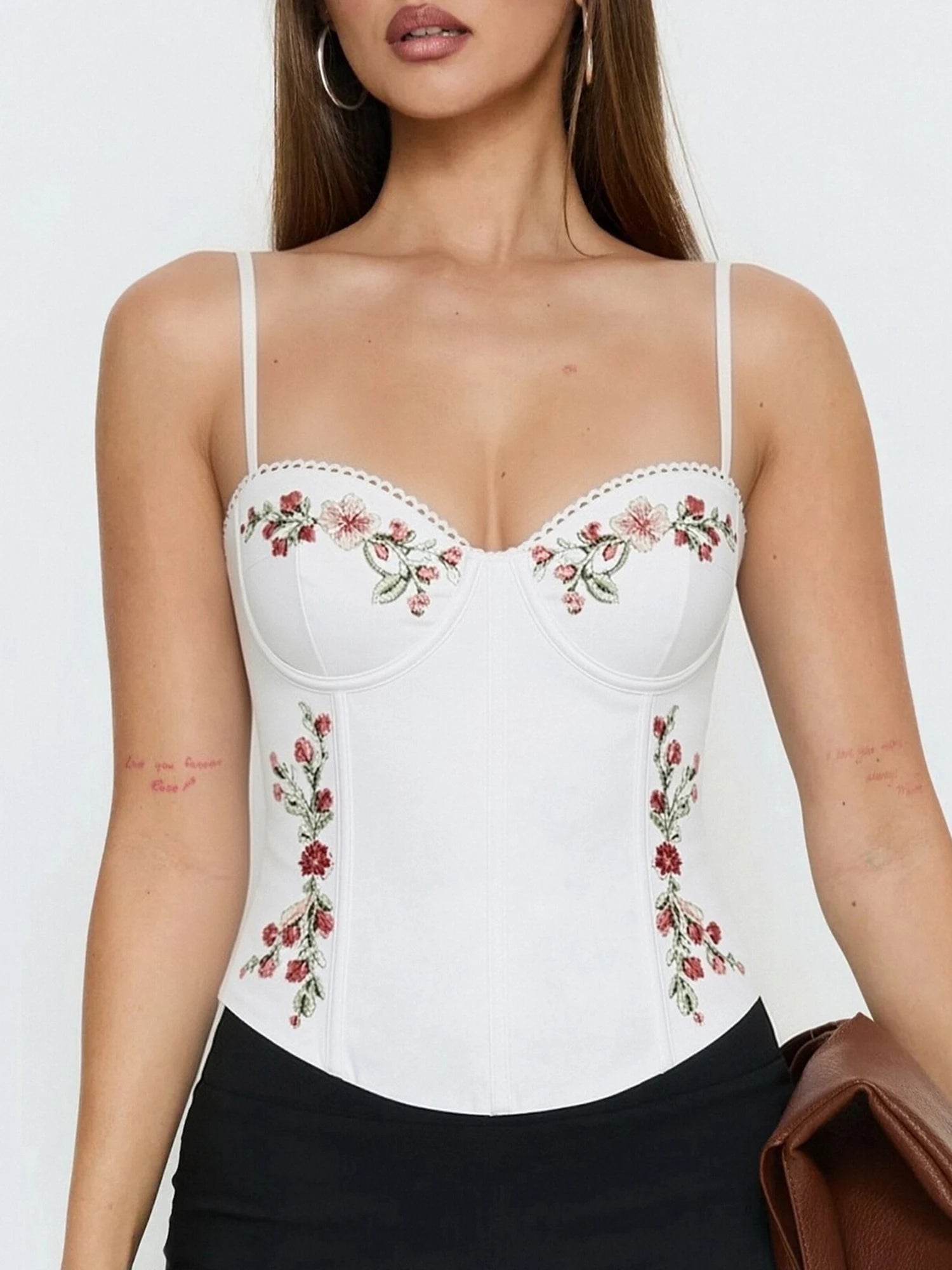 Floral Embroidered Slim Fit Spaghetti Strap Camisole Top