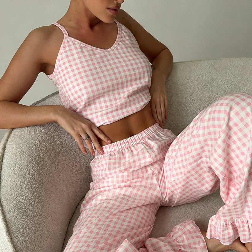 Pink Summer Set With Spaghetti Strap Cami Top And Ruffle Hem Wide Leg Pants
