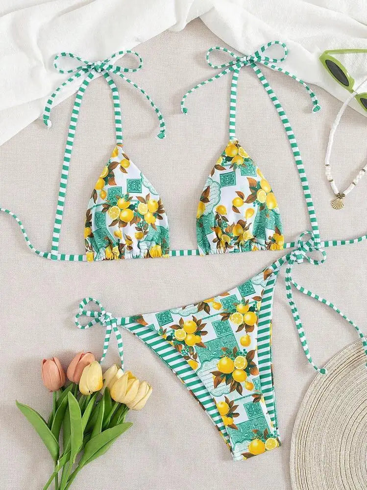 Sexy Fruits Pprint Striped Bikinis Set Two-pieces Back Tie Thong