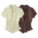 Lightweight Blouse With Puff Sleeves Tie Neck Ruffle Collar Retro Style