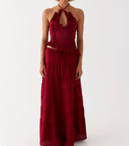 Halter Crop Two Piece Maxi Skirt Set With Ruffle Tiered Flowing Silhouette