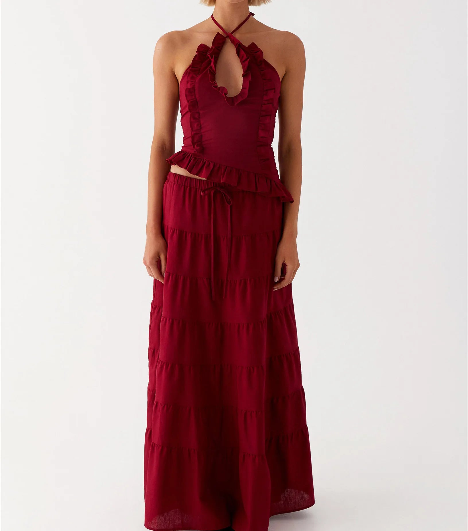 Halter Crop Two Piece Maxi Skirt Set With Ruffle Tiered Flowing Silhouette