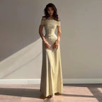 Retro Off Shoulder Satin Dress With Panel Back A Line Silhouette Long