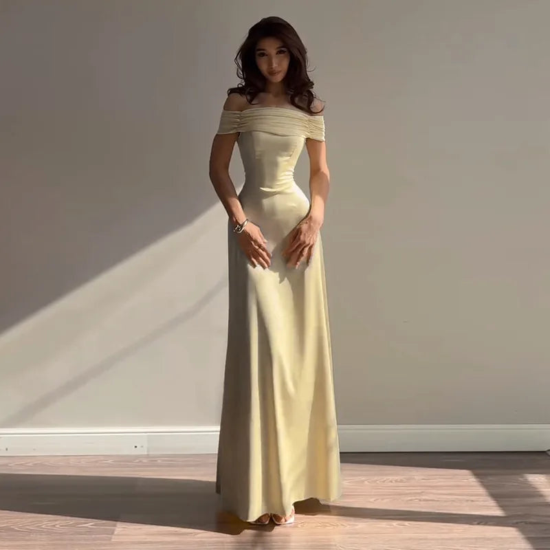 Retro Off Shoulder Satin Dress With Panel Back A Line Silhouette Long