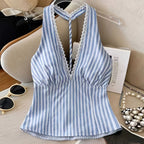 Women Halter Backless Striped Blouse Top Sleeveless
