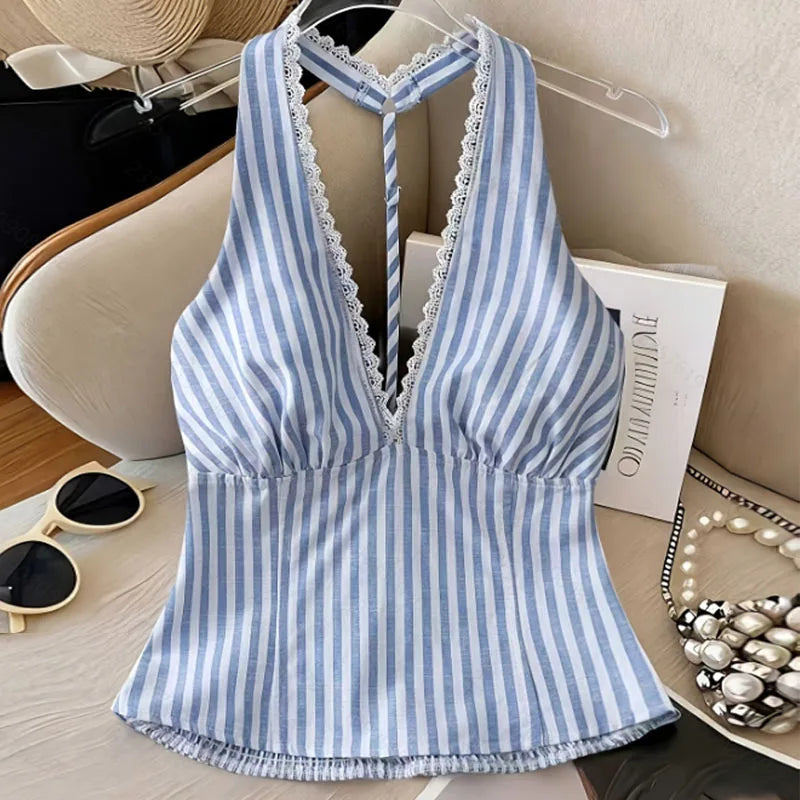 Women Halter Backless Striped Blouse Top Sleeveless