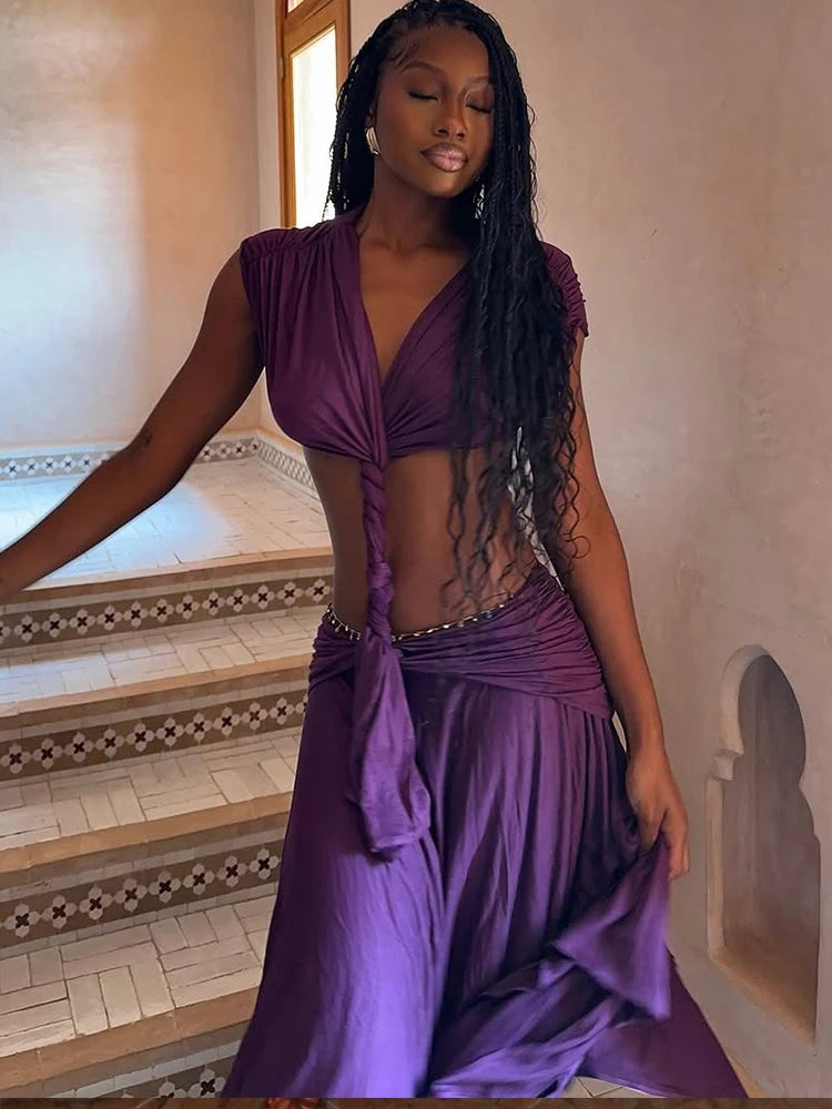 Purple Backless Patchwork Waistless Maxi Dress Irregular Hem