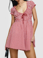 Plaid Bow Mini Dress With V Neck And Short Sleeves