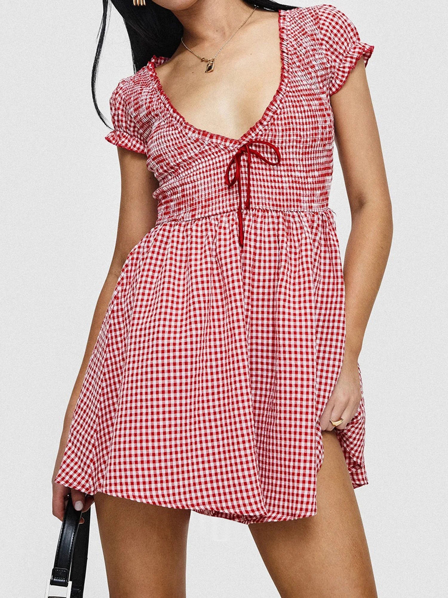 Plaid Bow Mini Dress With V Neck And Short Sleeves