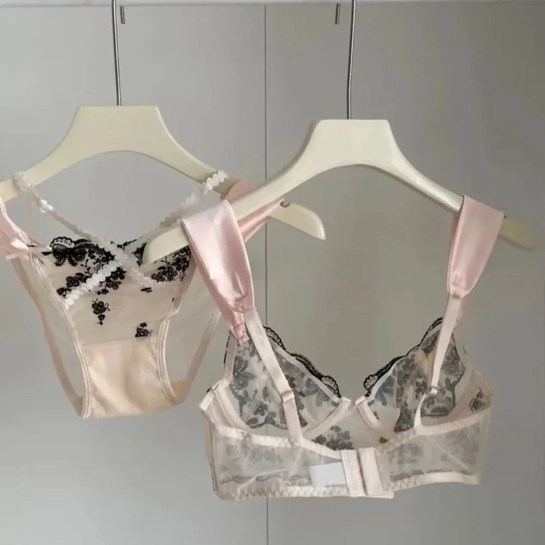 Sexy Lace Push Up Bra And Panty Set Featuring Semi Sheer Floral Design With Ring Embellishment
