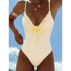 Striped Plaid V Neck  One Piece Swimsuit Female Frilled High Leg Cut Padded