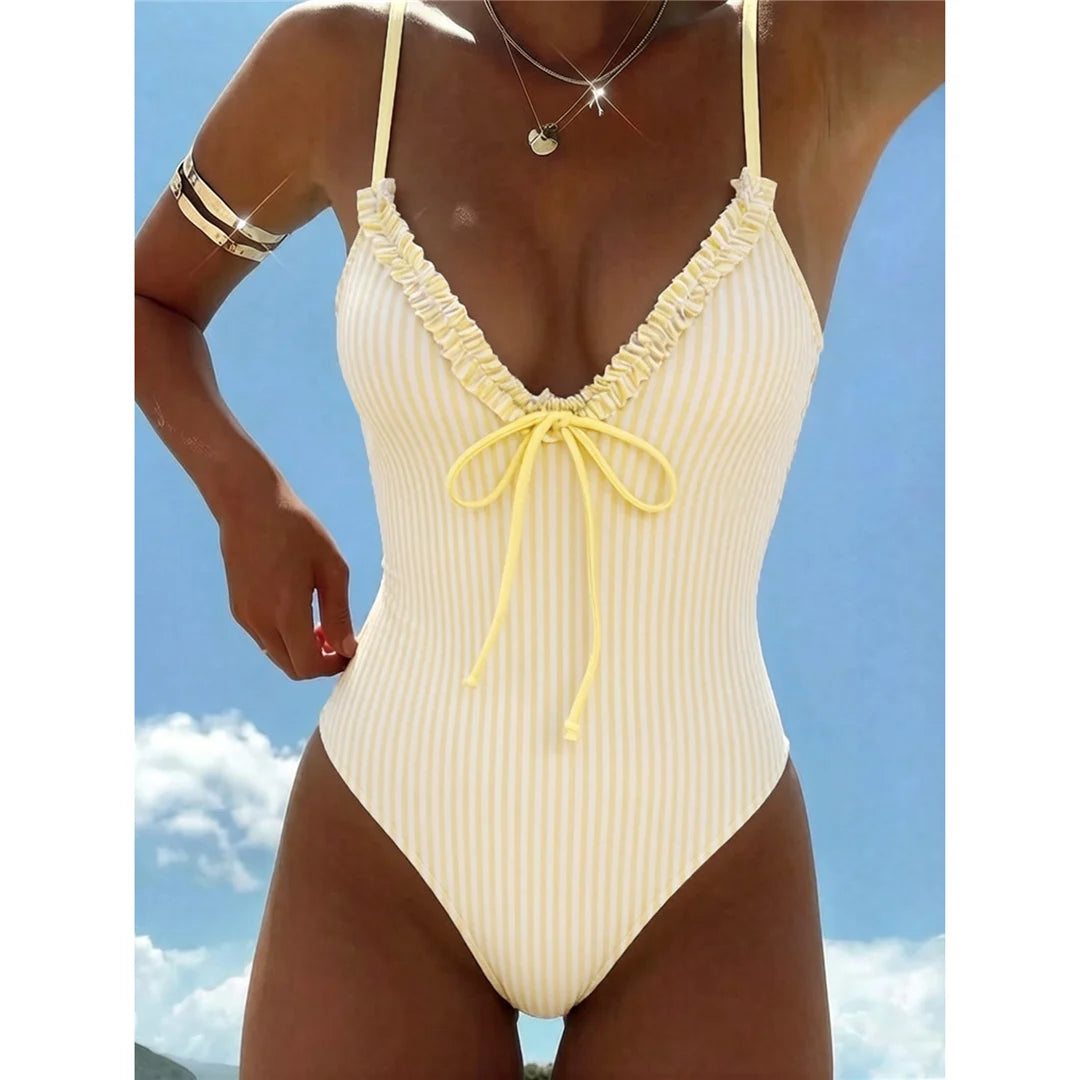 Striped Plaid V Neck  One Piece Swimsuit Female Frilled High Leg Cut Padded