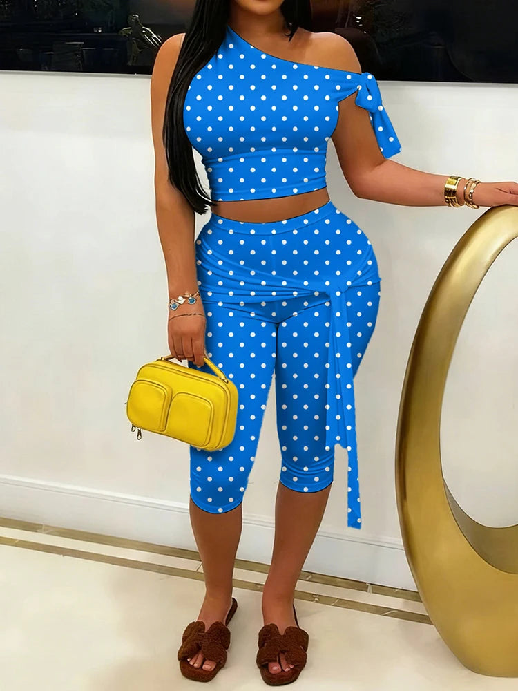 Polka Dot One Shoulder Crop Top Set With Tie Waist Capri Leggings