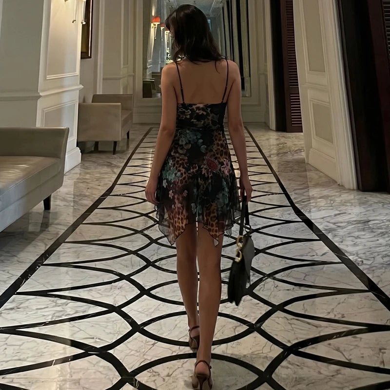 Fashion Floral Print V Neck Backless Sexy Ruffles Irregular Mini Dress
