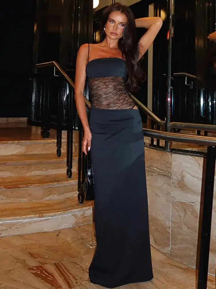 Backless Hollow Mesh Spaghetti Strap Gown Elegant Long Evening Dress