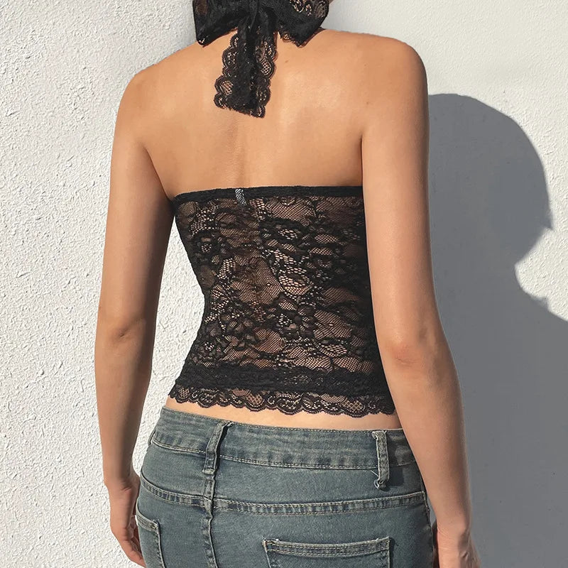 Elegant Lace Flora Halter Crop Top With Sheer Panel Lightweight Sleeveless Tank