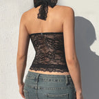 Elegant Lace Flora Halter Crop Top With Sheer Panel Lightweight Sleeveless Tank