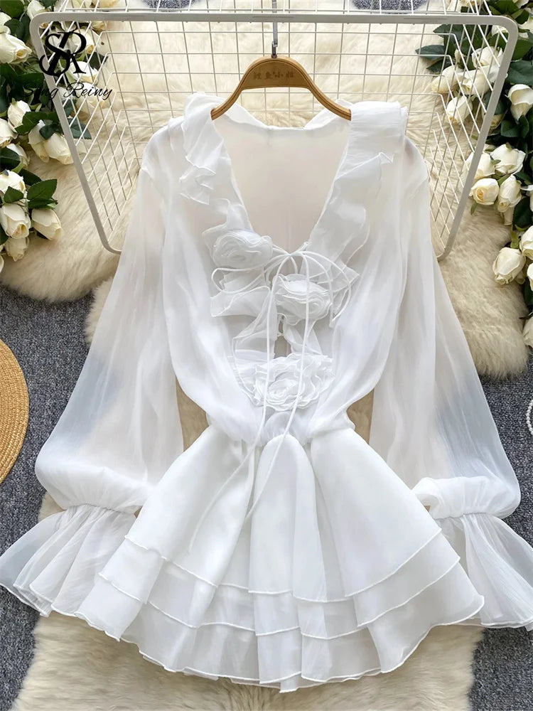 Boho 3D Floral Chiffon Sundress With Long Sleeves Lace Up Ruffle Detail