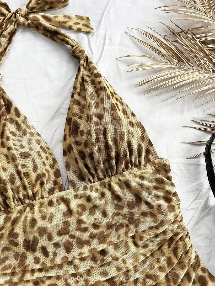 Leopard Halter Neck Mini Dress With Tie Up Front And Ruffle Hem