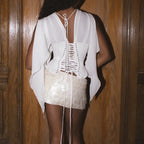 Satin Silk Patchwork V-Neck Tops Drawstring Backless Corset Waist Ruffle