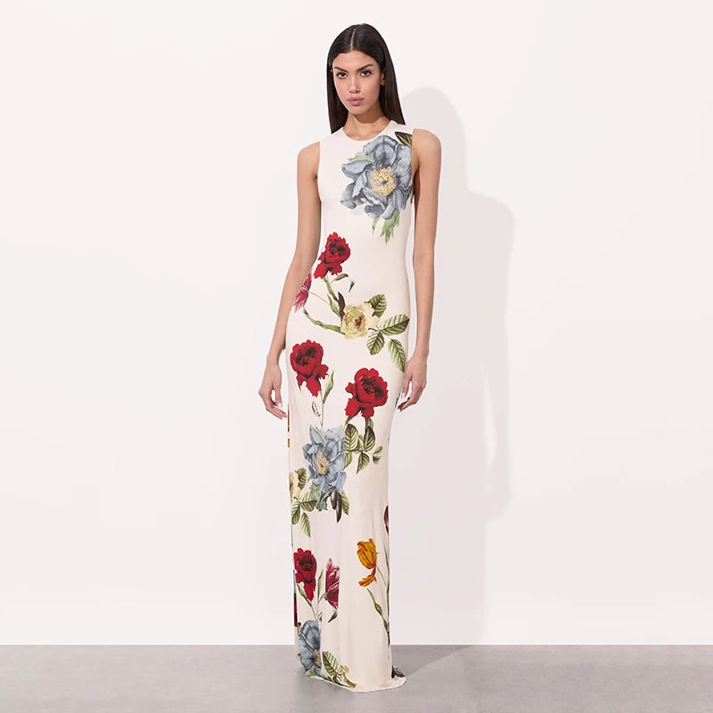 Floral Garden Maxi Dress With Round Neck Sleeveless Slim Fit Elegant Style