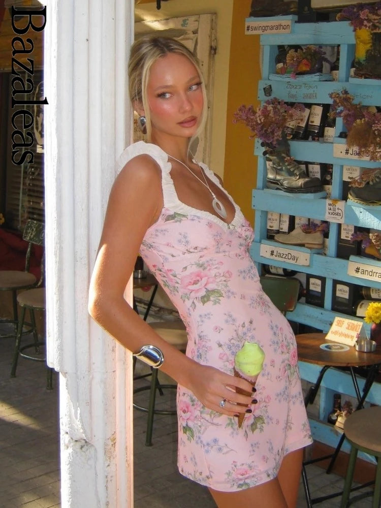 Vintage Pink Floral Print Mini Sexy Women's Dress