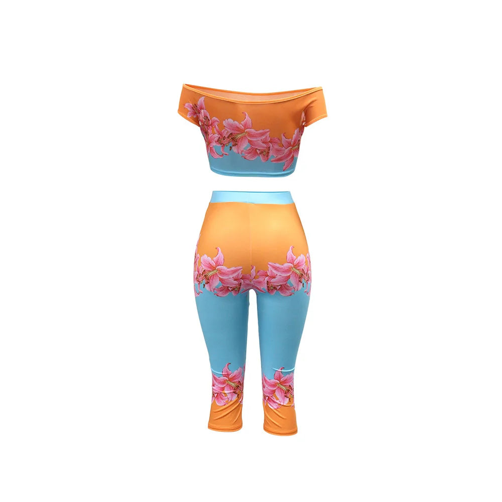Floral Off Shoulder Crop Top And High Waist Capri Set For Summer Streetwear Vibe
