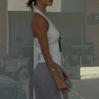 Vintage White Knit Deep V Tank Top For Women Off Shoulder