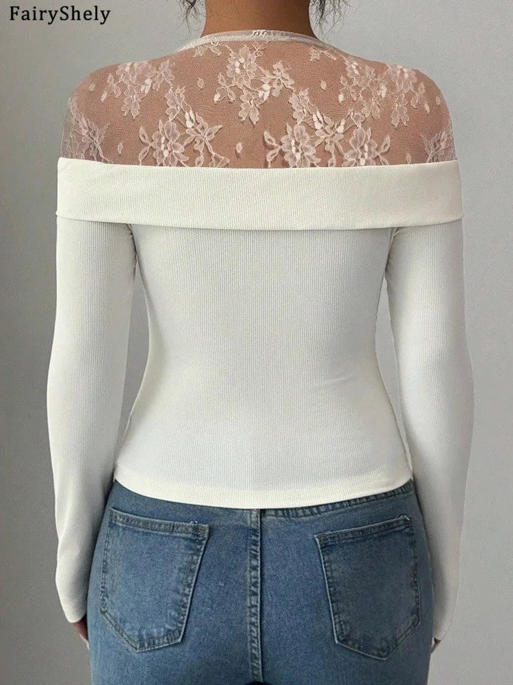Mesh Patchwork Bodycon Top With Long Sleeve White Sleek Sexy Slim Fit