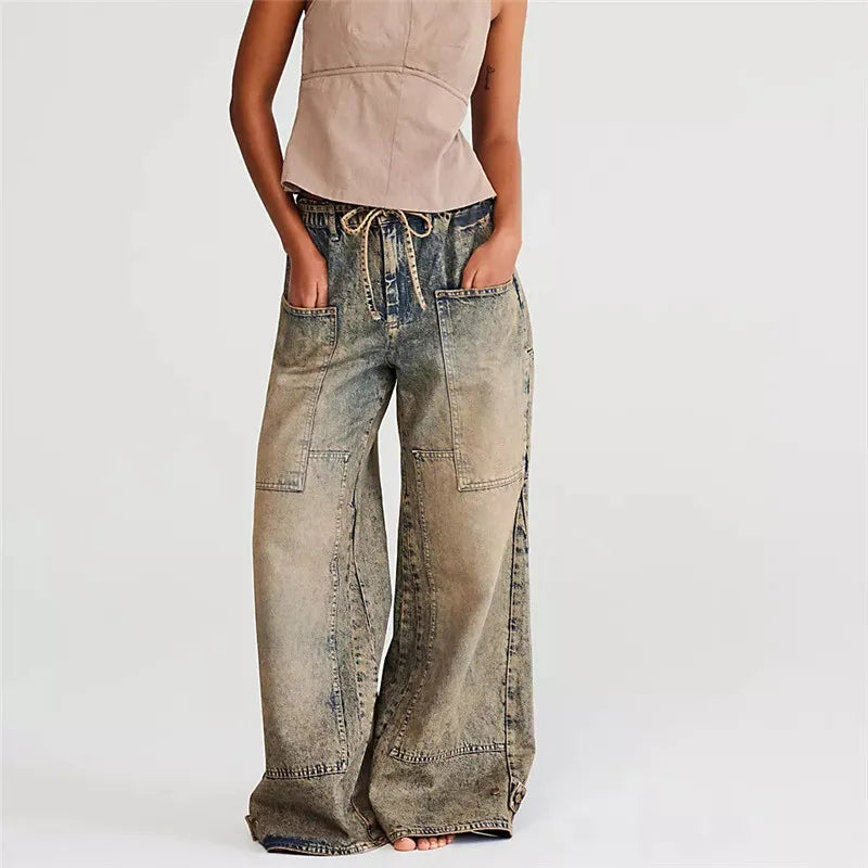 Relaxed Wide Leg Denim Jeans With Big Pockets Casual Baggy Trousers Vintage Streetwear Vibe