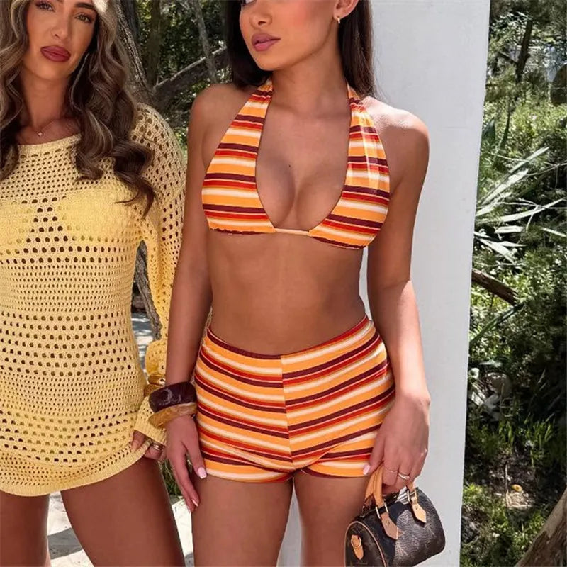 Women 3PCS Swimsuits Bra + Throngs + Boy Shorts Retro Striped Bikini Set