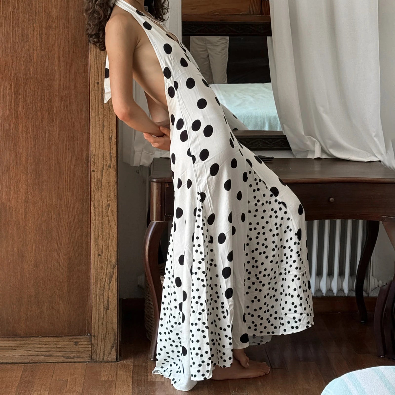 Halterneck Backless Patchwork Maxi Dress In Dots And Floral Print
